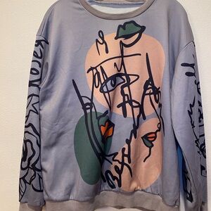 Abstract Face Graphic Sweatshirt in Light Gray and Peach